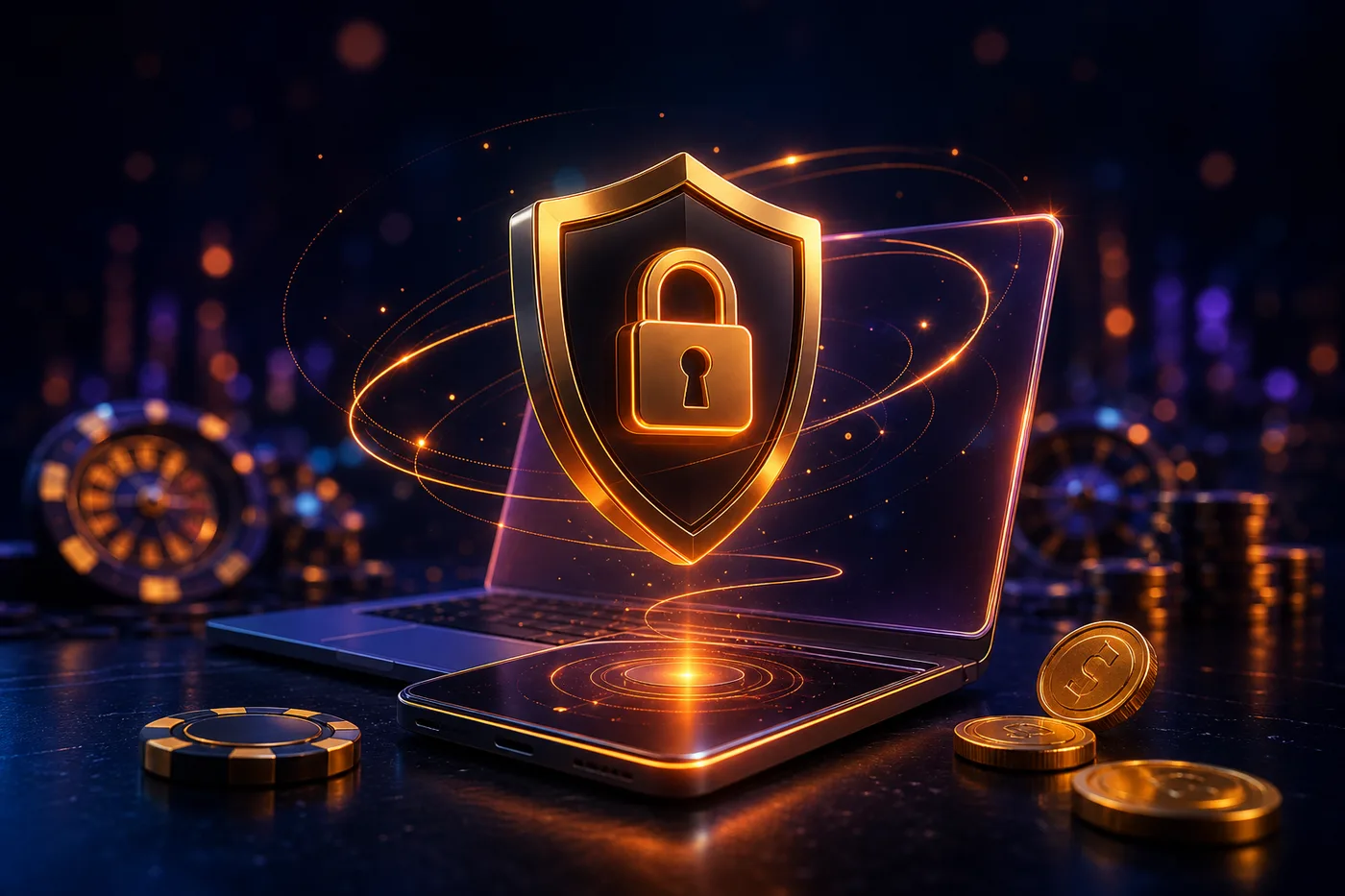 Escudo de protección de datos sobre un teléfono y un portátil